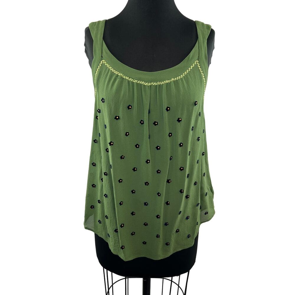 ANTHROPOLOGIE Postmark 9-H15 StCL Sheer Green Embroidered Flower Tank Top Size 4